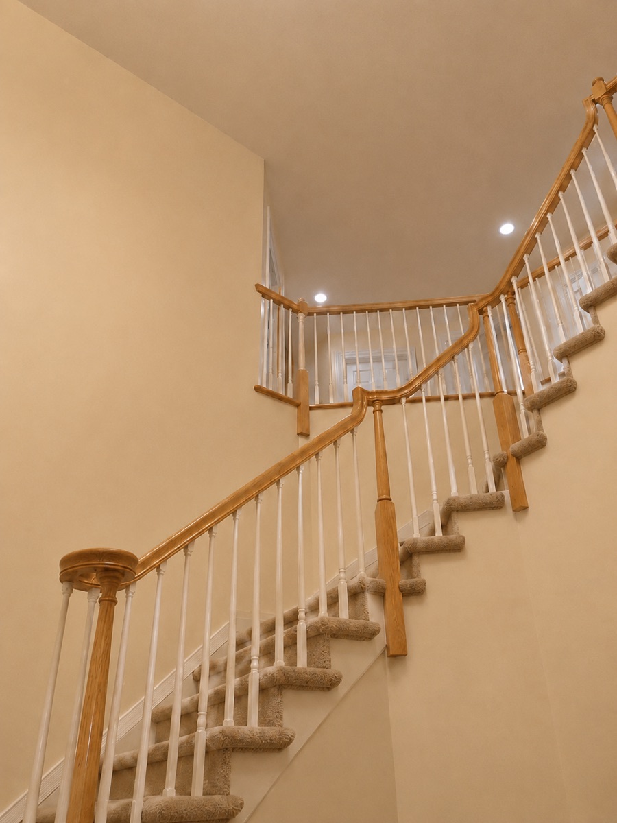 Staircase with oak railings and beige walls