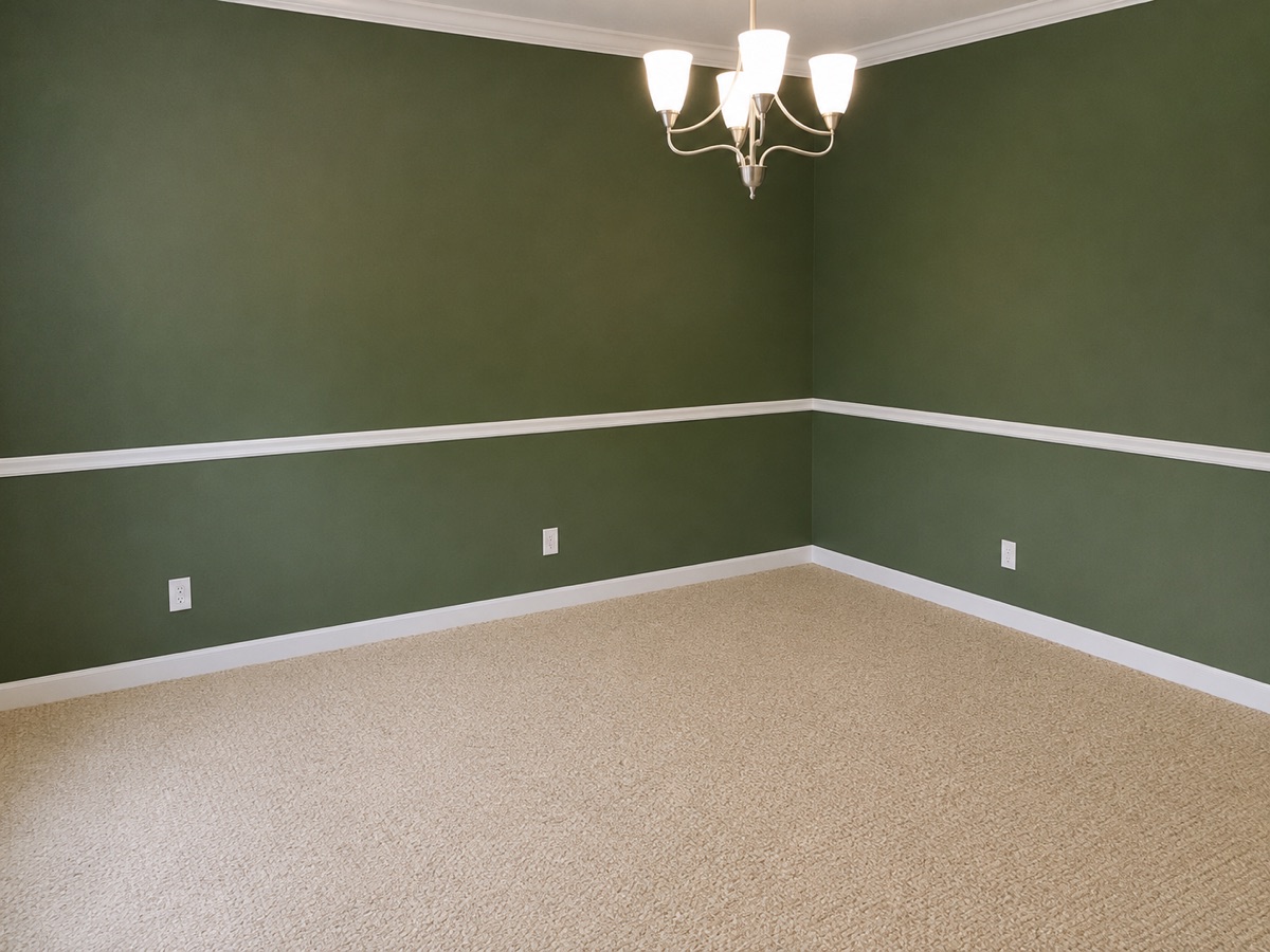 Dining room with green walls and tan carpet